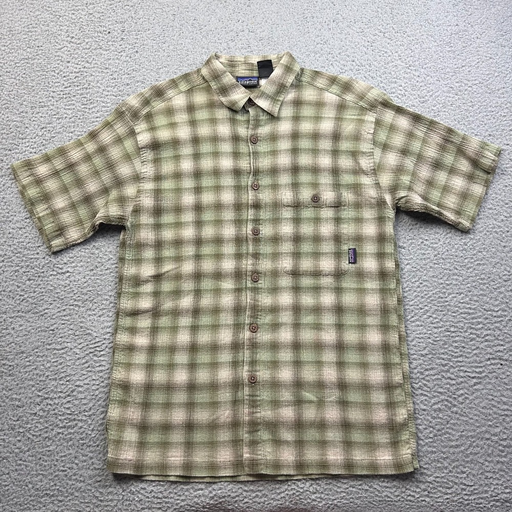 Y2K Patagonia Men's A/C Shirt Size S Green Brown Plaid Cotton Crepe Wrinkle